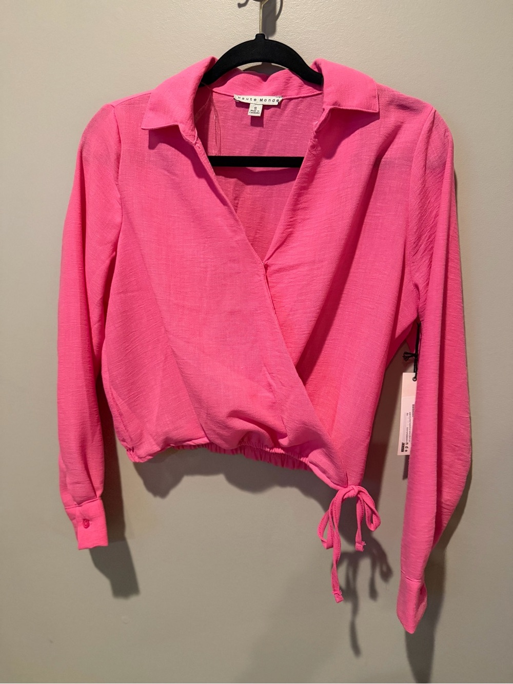 Haute Monde Hot Pink Wrap Tie Crop Blouse NWT Size Small